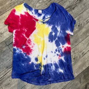 NoBo Plus Size 20 3XL Women's Tie-Dye V-Neck Short Sleeve Top Blue Red Yellow